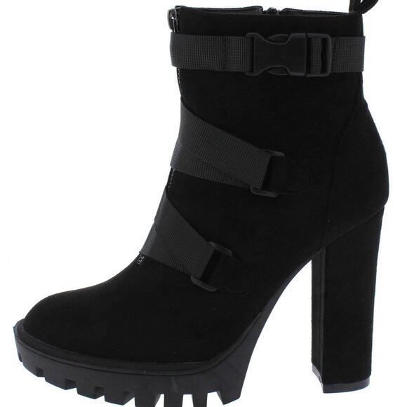 Shoes - Black High Heel Ankle Boots with Straps